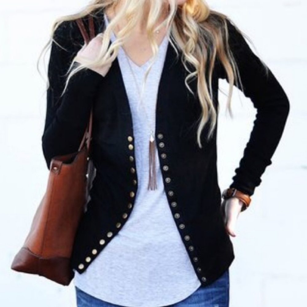 CS Knit Long Sleeve Cardigan Sweater Snap Button Casual V Neck Top Jacket